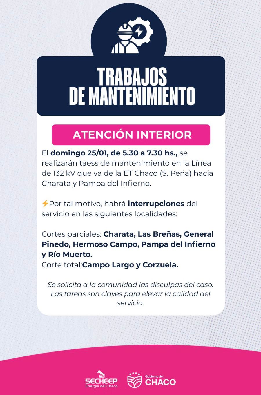*ESTE DOMINGO: SECHEEP REALIZAR� TRABAJOS DE MANTENIMIENTO EN L�NEA DE ALTA TENSI�N*  