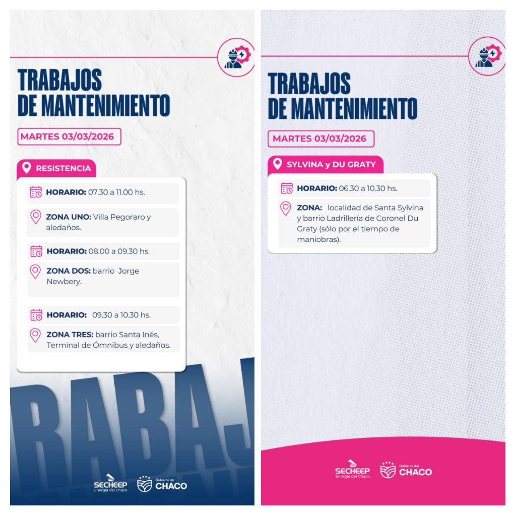 ?? Trabajos de SECHEEP, para este martes 3 de marzo, en RESISTENCIA, SANTA SYLVINA Y DU GRATY ??
