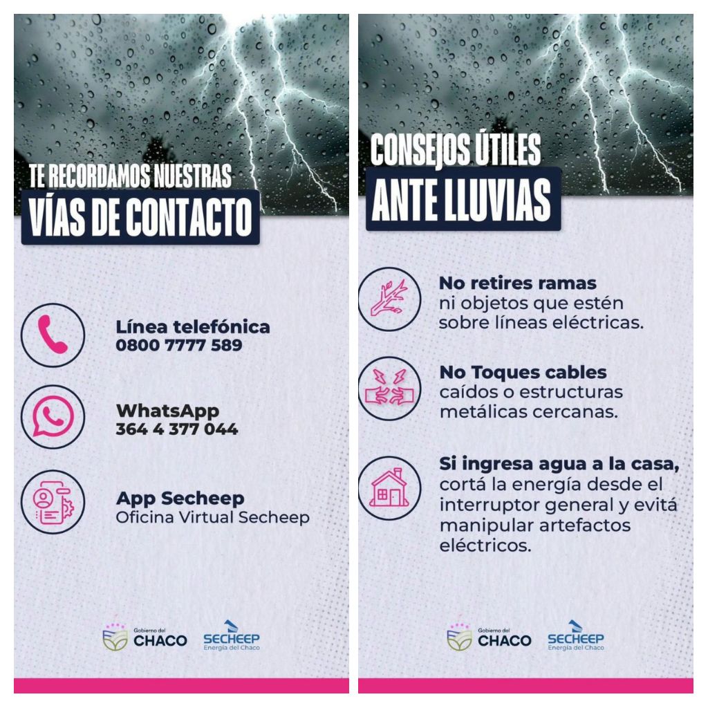 *ANTE LAS LLUVIAS, SECHEEP PIDE EXTREMAR CUIDADOS CON LA ELECTRICIDAD*  