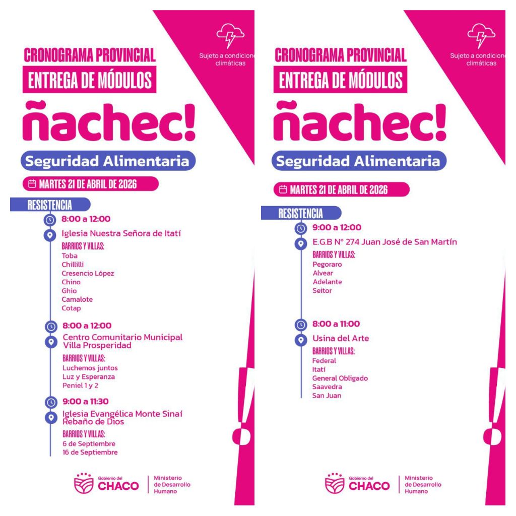  _Ciudad de Resistencia._ _Martes 21 de abril._   _Cronograma de entrega: m&oacute;dulos alimentarios del Programa &Ntilde;ACHEC _