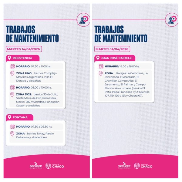 *SECHEEP: Trabajos de mantenimiento, programados para este martes 14 de abril, en  Resistencia, Fontana y Castelli *