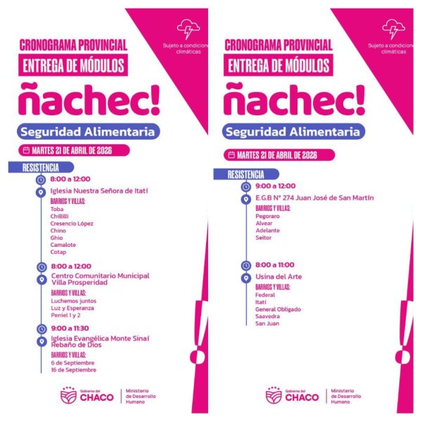  _Ciudad de Resistencia._ _Martes 21 de abril._   _Cronograma de entrega: m&oacute;dulos alimentarios del Programa &Ntilde;ACHEC _