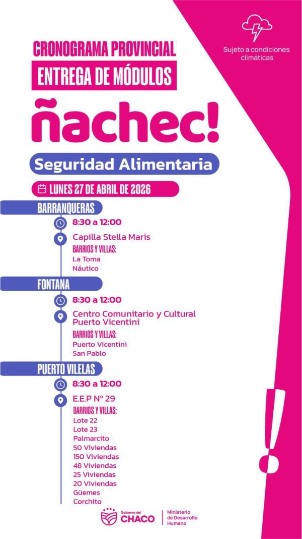 *Atenci&oacute;n Fontana, Barranqueras y Vilelas.*  _Lunes 27 de abril._ De 8:30 a 12:00 Hs.   _Cronograma de entrega: m&oacute;dulos alimentarios del Programa &Ntilde;ACHEC -