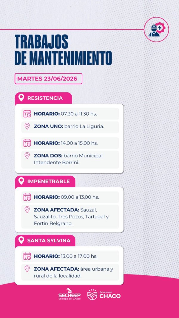 * SECHEEP: Trabajos de mantenimiento programados para este martes 23 de Junio, en Resistencia, El Impenetrable y Santa Sylvina .