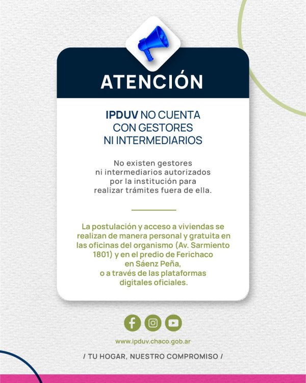 *IPDUV ADVIERTE QUE NO EXISTEN GESTORES NI INTERMEDIARIOS AUTORIZADOS PARA TR&Aacute;MITES DE VIVIENDA*