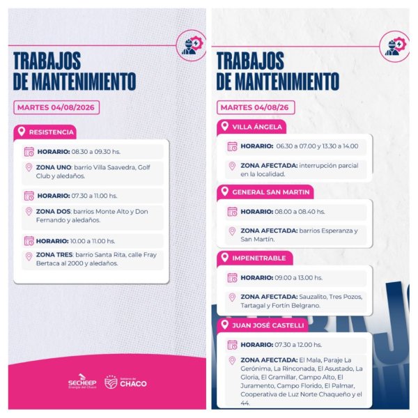 SECHEEP: Trabajos de mantenimiento programados para este martes 4 de agosto, en Resistencia, Villa &Aacute;ngela, San Mart&iacute;n, zonas de El Impenetrable y Castelli .