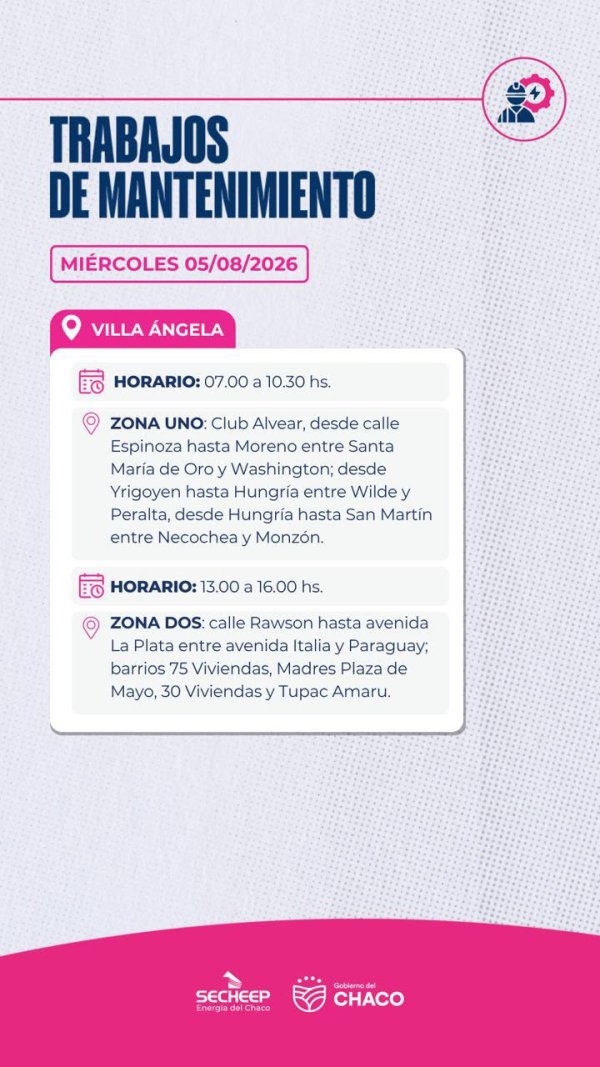  SECHEEP: Trabajos de mantenimiento programados para este mi&eacute;rcoles 5 de agosto, en Villa &Aacute;ngela.