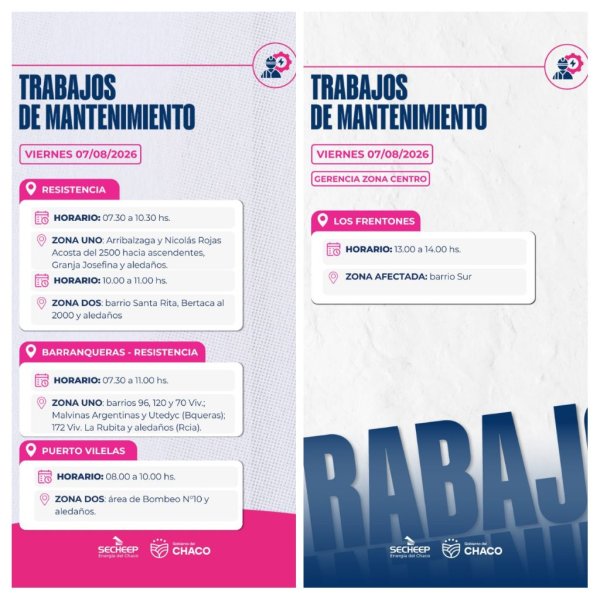 *SECHEEP: Trabajos de mantenimiento programados para este viernes 7 de agosto, en Resistencia, Barranqueras, Puerto Vilelas y Los Frentones .