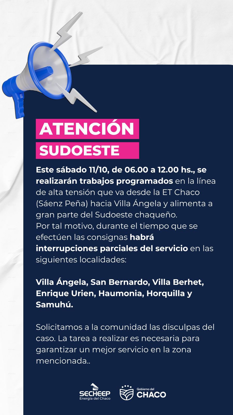 Trabajos programados en secheep en el sudoeste 