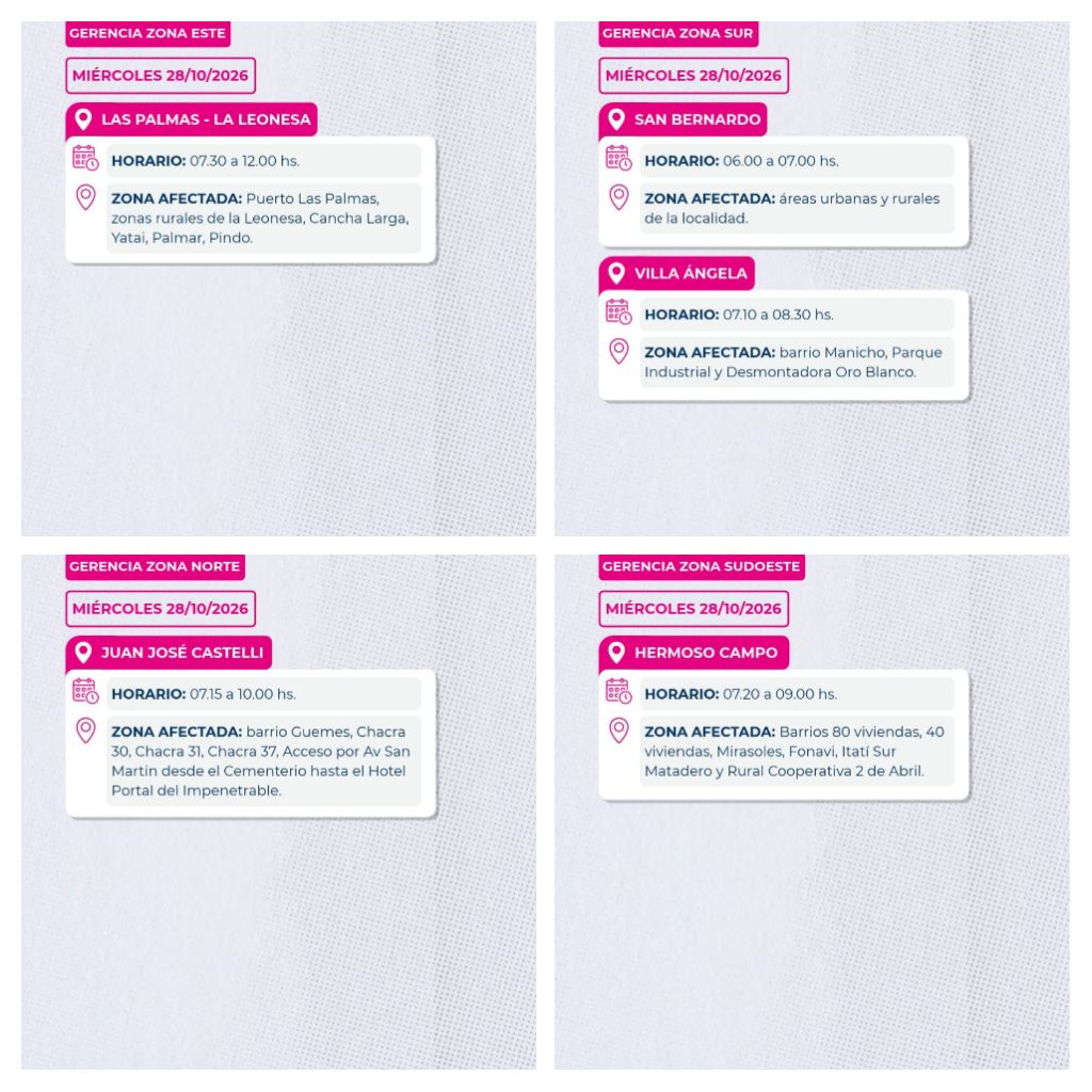 * SECHEEP- Trabajos de mantenimiento programados para este mi&eacute;rcoles 28 de octubre, en Las Palmas, La Leonesa, San Bernardo, Villa &Aacute;ngela, Castelli y Hermoso Campo .
