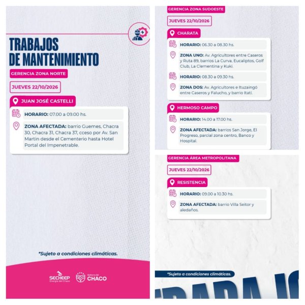 * SECHEEP- Trabajos de mantenimiento programados para este jueves 22 de octubre, en Resistencia, Castelli, Charata y Hermoso Campo .
